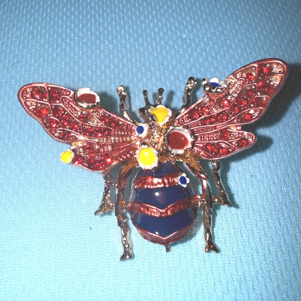 Bee Brooch NEW Red Navy Gold Enamel Insect Beetle Bee Pin